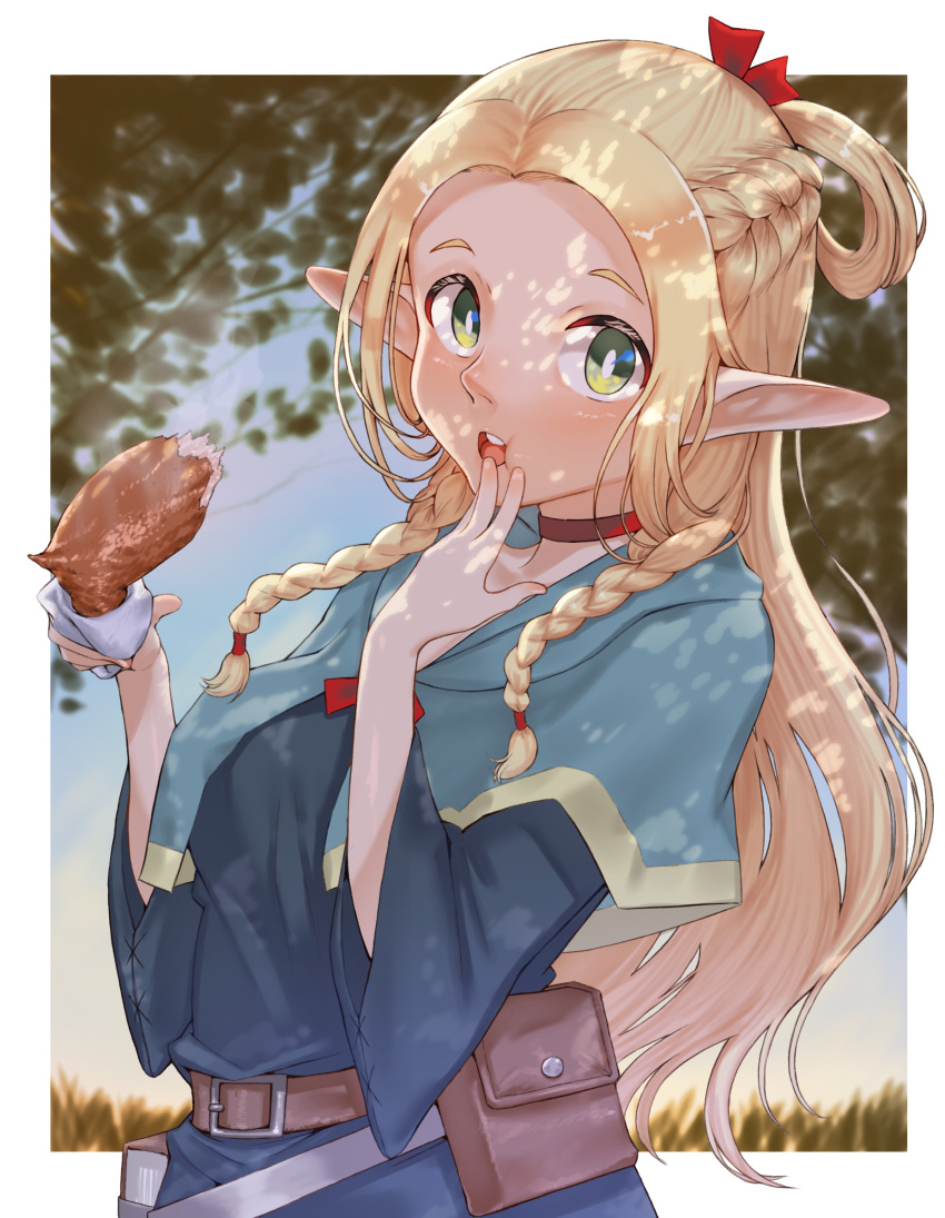 1girl, belt, blonde_hair, blue_capelet, blue_robe, blue_sky, book, border