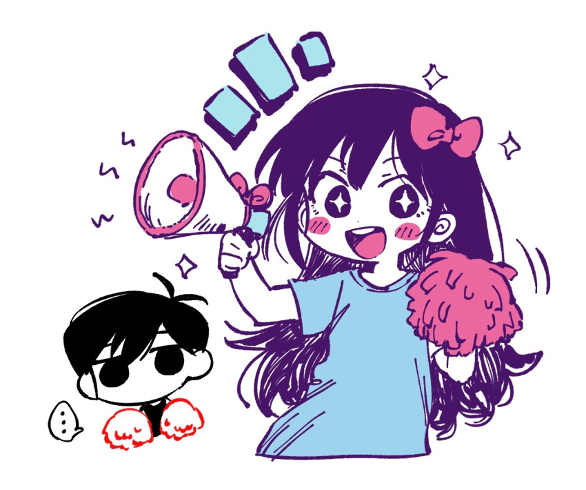 +_+, ..., 1boy, 1girl, aubrey_(headspace)_(omori), aubrey_(omori), black_eyes, black_hair