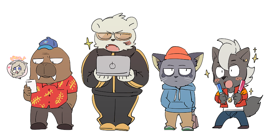 4boys, :|, animal_ears, animal_nose, bag, baseball_cap, bear_boy, bear_ears