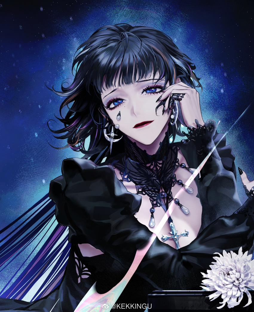 1girl, absurdres, alternate_costume, black_dress, black_hair, blue_eyes, blue_eyeshadow, chinese_commentary