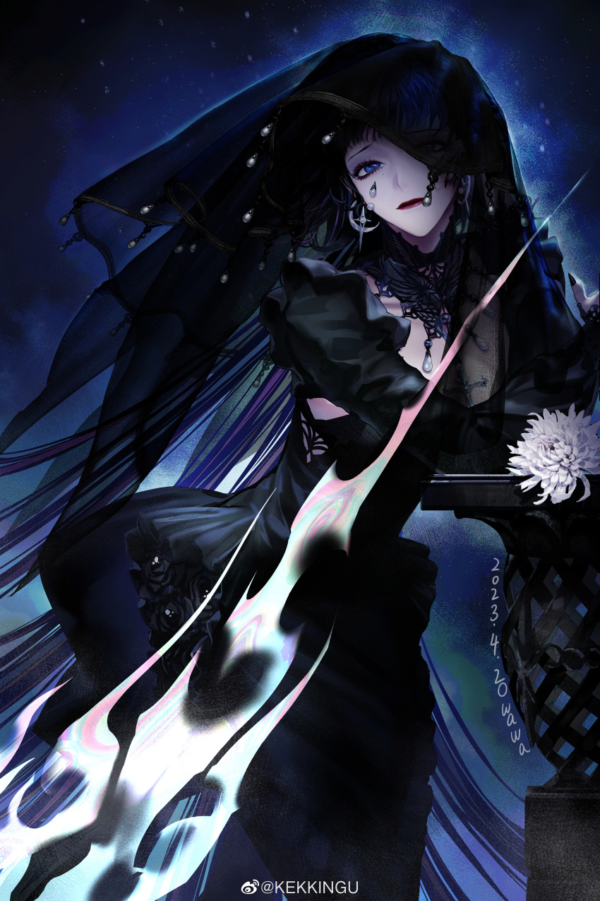 1girl, absurdres, alternate_costume, black_dress, black_hair, black_veil, chinese_commentary, clothing_cutout, commentary, crescent, crescent_earrings, cross, cross_necklace, dated, dress, earrings, enfer_(path_to_nowhere), feet_out_of_frame, floral_dress, flower, flower_request, highres, hobble_dress, jewelry, kekkingu, lace_collar, leaning_on_table, long_hair, looking_at_viewer, mole, mole_under_eye, multicolored_hair, necklace, night, night_sky, one_eye_covered, path_to_nowhere, see-through, see-through_body, see-through_veil, side_cutout, signature, silver_earrings, sky, solo, star_(sky), star_(symbol), star_earrings, streaked_hair, veil, very_long_hair, white_flower
