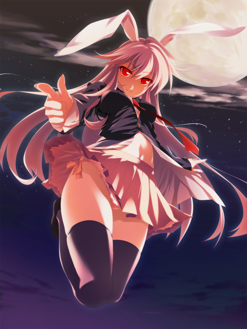 blazer, blush, bunny_ears, finger_gun, fingernails, full_moon, hands, highres