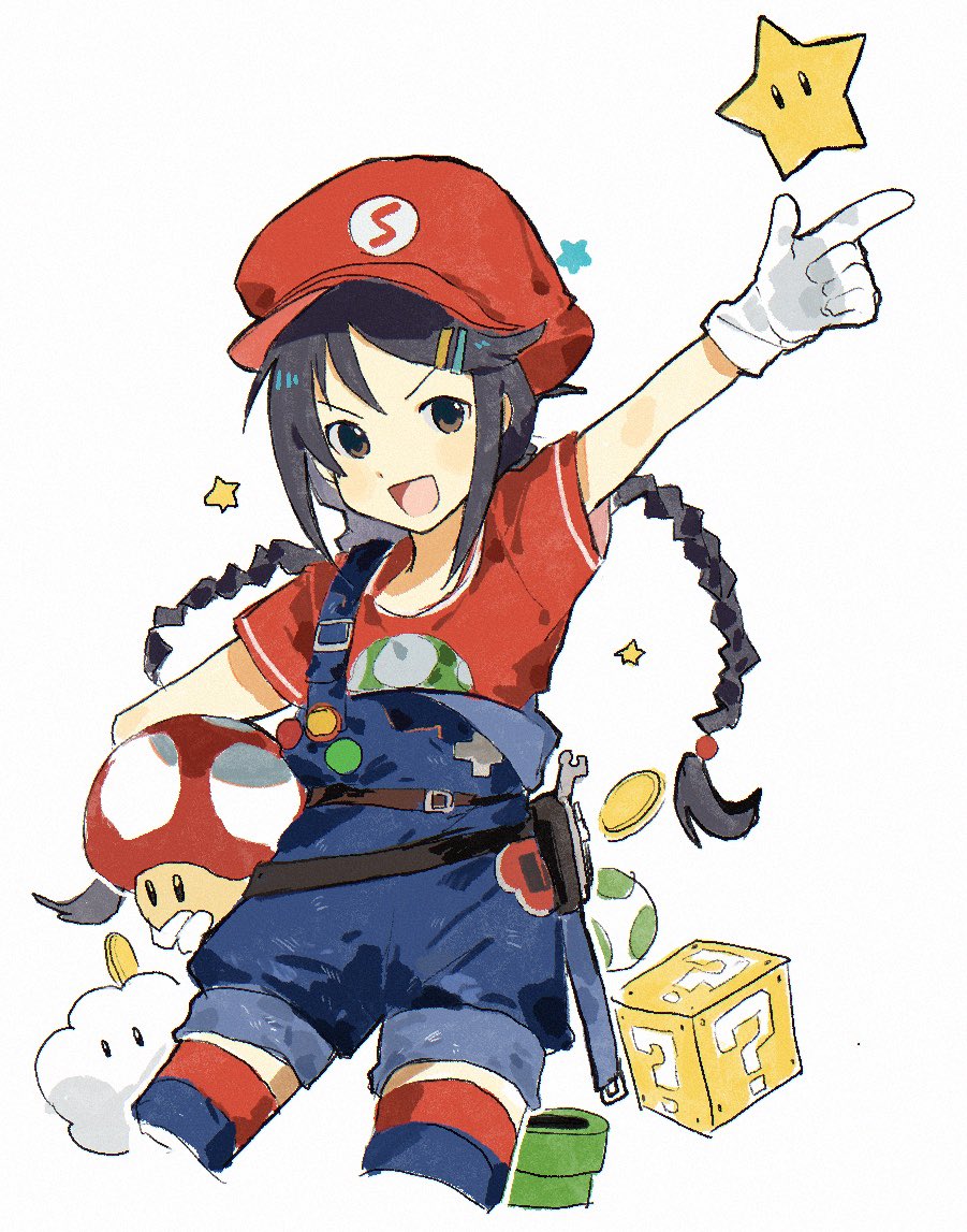 :d, ?_block, alternate_costume, arm_up, belt, blue_overalls, braid, brown_belt
