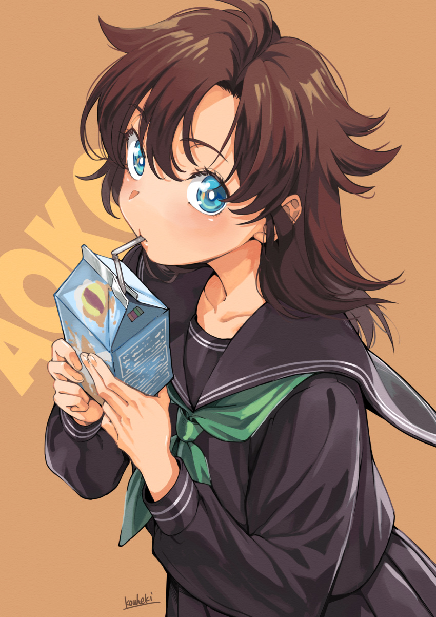 1girl, absurdres, blue_eyes, borokouhek, brown_hair, carton, commentary_request, drinking