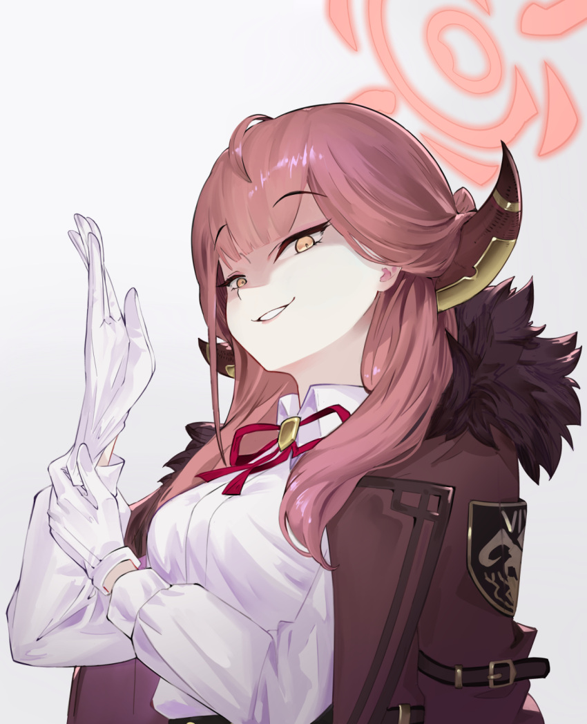 aru_(blue_archive), blue_archive, bow, brown_coat, brown_horns, coat, coat_on_shoulders, fur-trimmed_coat