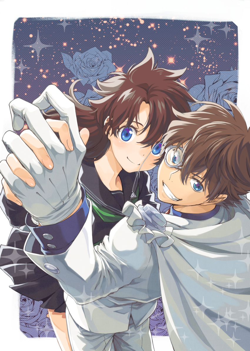 1boy, 1girl, blue_eyes, blue_shirt, borokouhek, brown_hair, buttons, cape