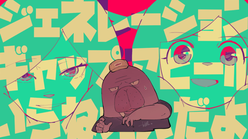 1boy, 1girl, animal_nose, baseball_cap, batta1107, blue_background, blue_eyes, cropped_torso