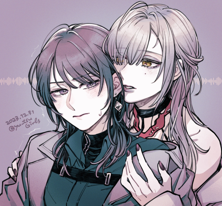 2girls, asymmetrical_bangs, bare_shoulders, black_hair, black_nails, black_skirt, black_undershirt, blunt_bangs