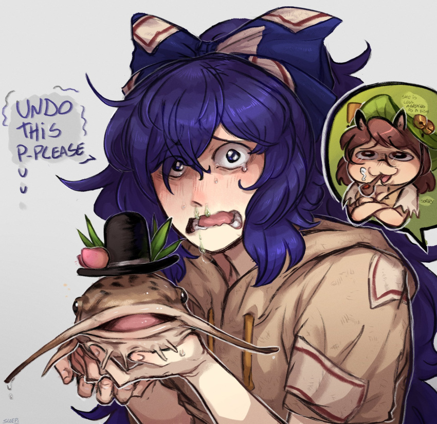 2girls, :3, animal, black_hat, blue_eyes, blue_hair, blush, bow