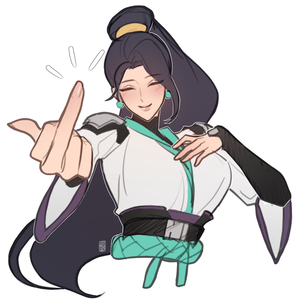 black_hair, closed_eyes, earrings, high_ponytail, jewelry, long_hair, middle_finger, sage_(valorant)