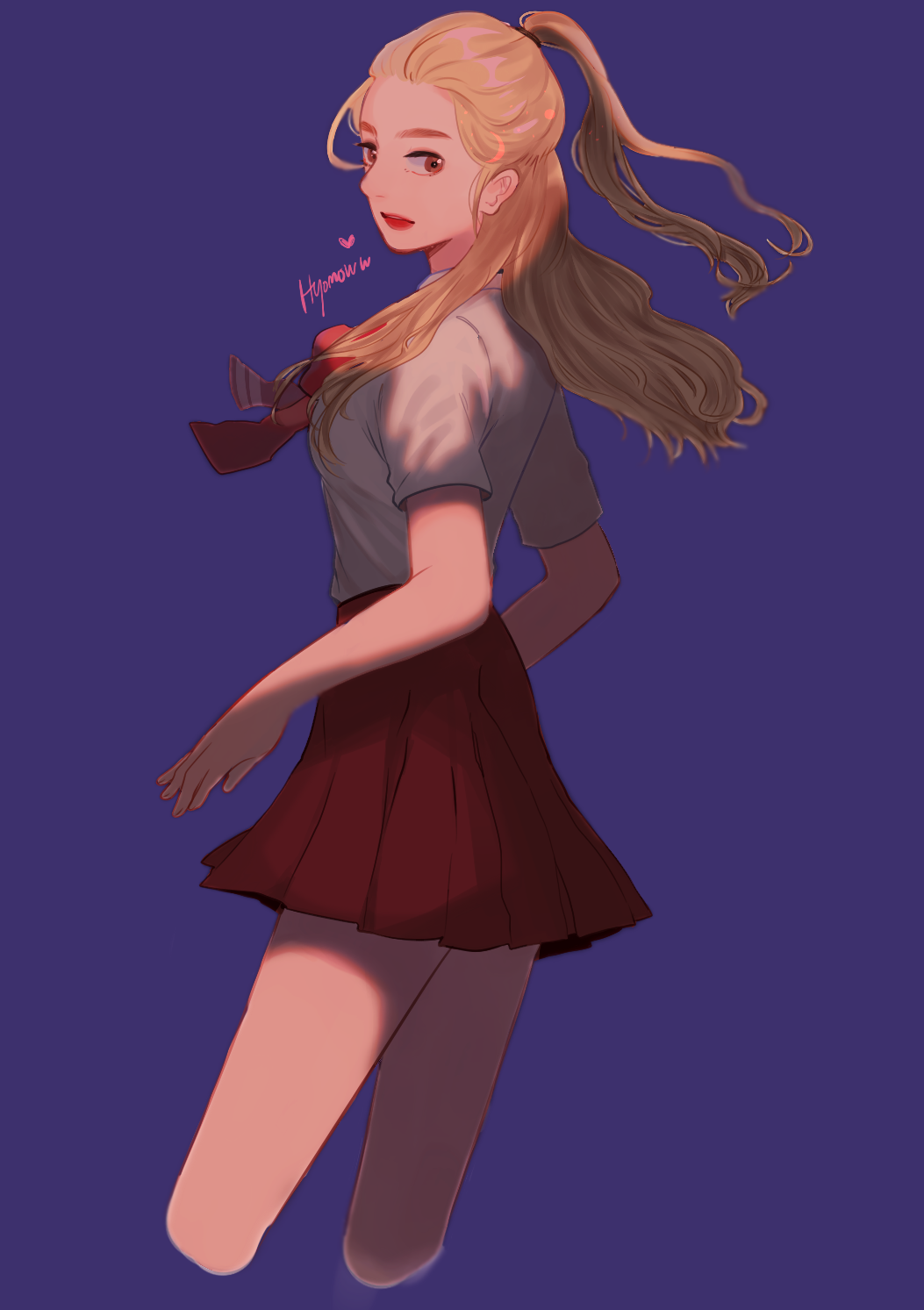 1girl, blue_background, brown_eyes, cropped_legs, english_commentary, half_updo, heart, highres