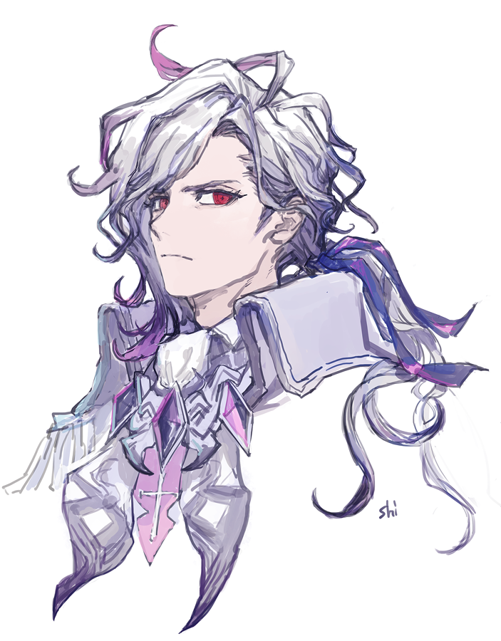 1boy, fate/grand_order, fate_(series), gradient_hair, long_hair, looking_at_viewer, low_ponytail, male_focus, multicolored_hair, ponytail, portrait, red_eyes, shiroki1020556, sideways_glance, simple_background, solo, the_count_of_monte_cristo_(fate), white_background, white_hair