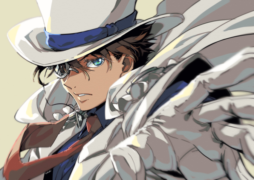 blue_eyes, blue_shirt, blurry, borokouhek, brown_hair, cape, commentary_request, depth_of_field