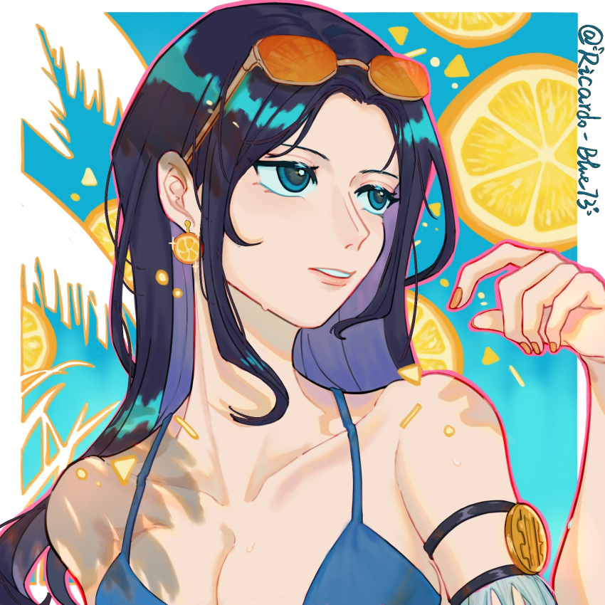 1girl, armlet, bikini, black_hair, blue_bikini, blue_eyes, blue_hair, earrings