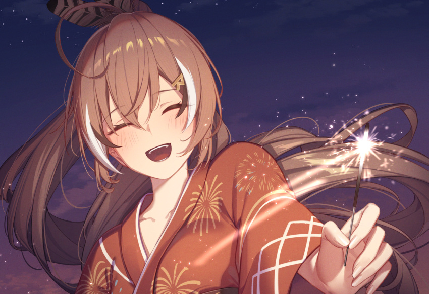 1girl, ahoge, alternate_costume, blush, brown_hair, closed_eyes, commentary, english_commentary