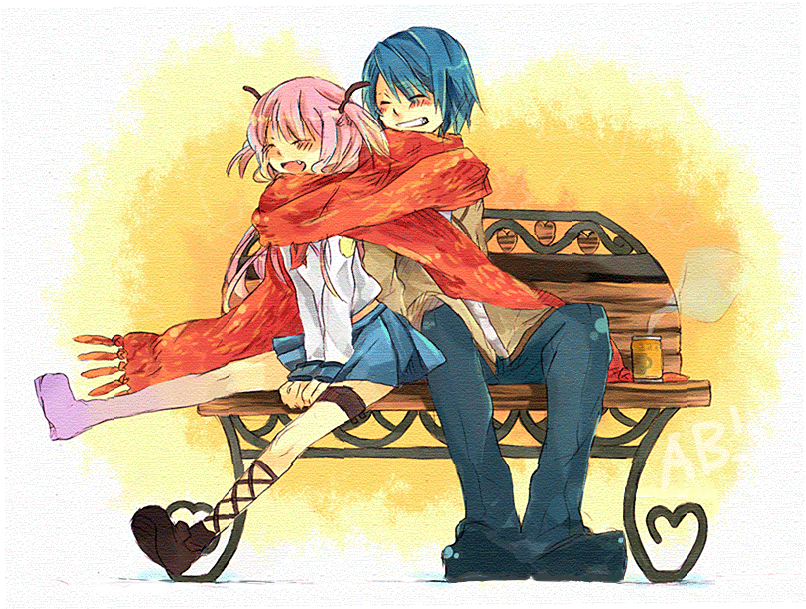 bench, blue_hair, closed_eyes, cup, hayaserui, hinata_(angel_beats!), long_hair, mug, pink_hair, scarf, school_uniform, serafuku, shared_scarf, short_hair, yui_(angel_beats!)