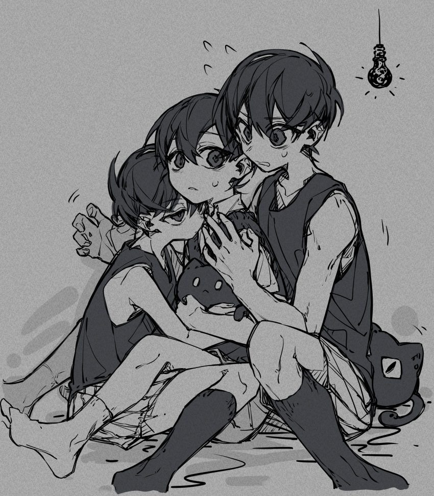 3boys, absurdres, cat, closed_mouth, collared_shirt, flying_sweatdrops, greyscale, highres, implied_selfcest, implied_yaoi, kneehighs, kyannu, light_bulb, looking_at_another, male_focus, mewo, monochrome, multiple_boys, omori, omori_(omori), omoriboy, open_mouth, parted_lips, shirt, short_hair, socks, sunny_(omori), sweat, sweater_vest, tank_top, time_paradox