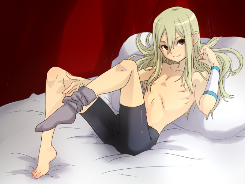 androgynous, armband, bad_id, barefoot, bed, bike_shorts, blonde_hair, eckzahn, feet, inazuma_eleven, long_hair, lying, male, red_eyes, shirtless, sock_pull, socks, topless, trap, undressing