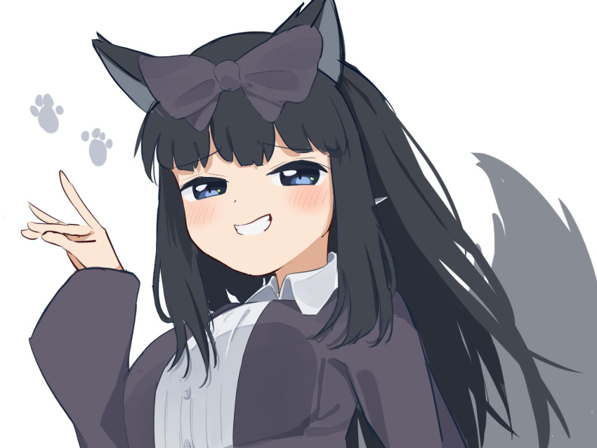 1girl, animal_ears, blue_eyes, blush, bow, collared_shirt, cookie_(touhou), fox_ears