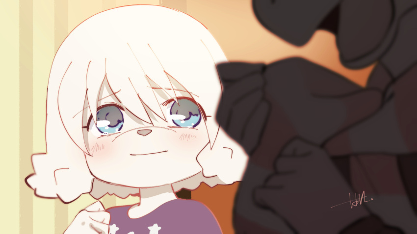 1boy, 1girl, animal_nose, baba_atsuya, batta1107, blue_eyes, blurry, blurry_foreground