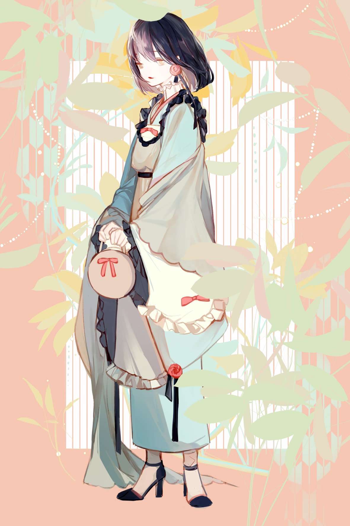 1girl, apron, aqua_jingche, bag, black_footwear, black_hair, blue_kimono, bow