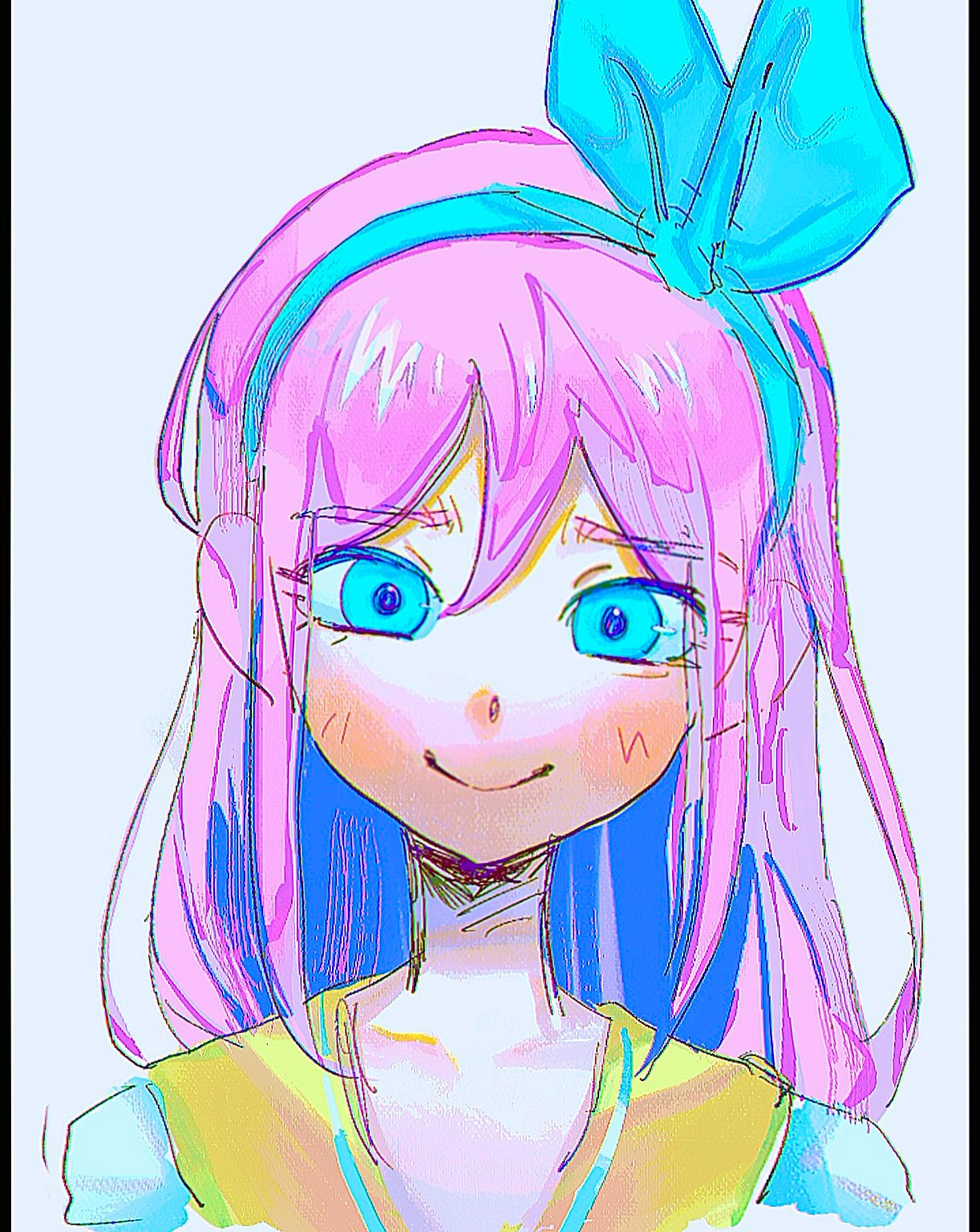 1girl, aubrey_(faraway)_(omori), aubrey_(omori), blue_eyes, blush, chromatic_aberration, closed_mouth, grey_background