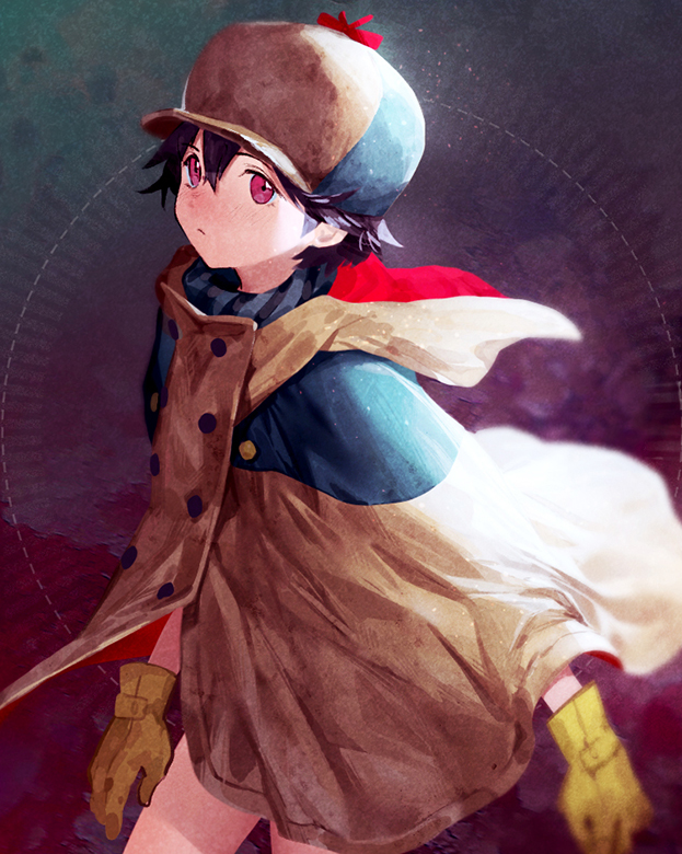 1girl, brown_coat, brown_hair, brown_hat, brown_scarf, buttons, closed_mouth, coat