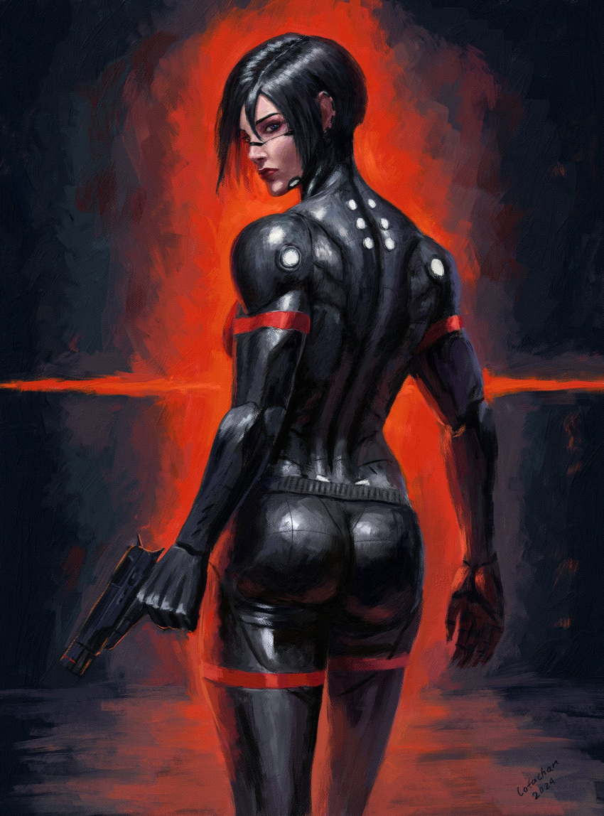 1girl, absurdres, android, ass, back, black_hair, cotachanart, cyberpunk, elster_(signalis), gun, highres, joints, looking_at_viewer, metal_skin, muscular, muscular_female, robot_girl, robot_joints, short_hair, signalis, solo, weapon