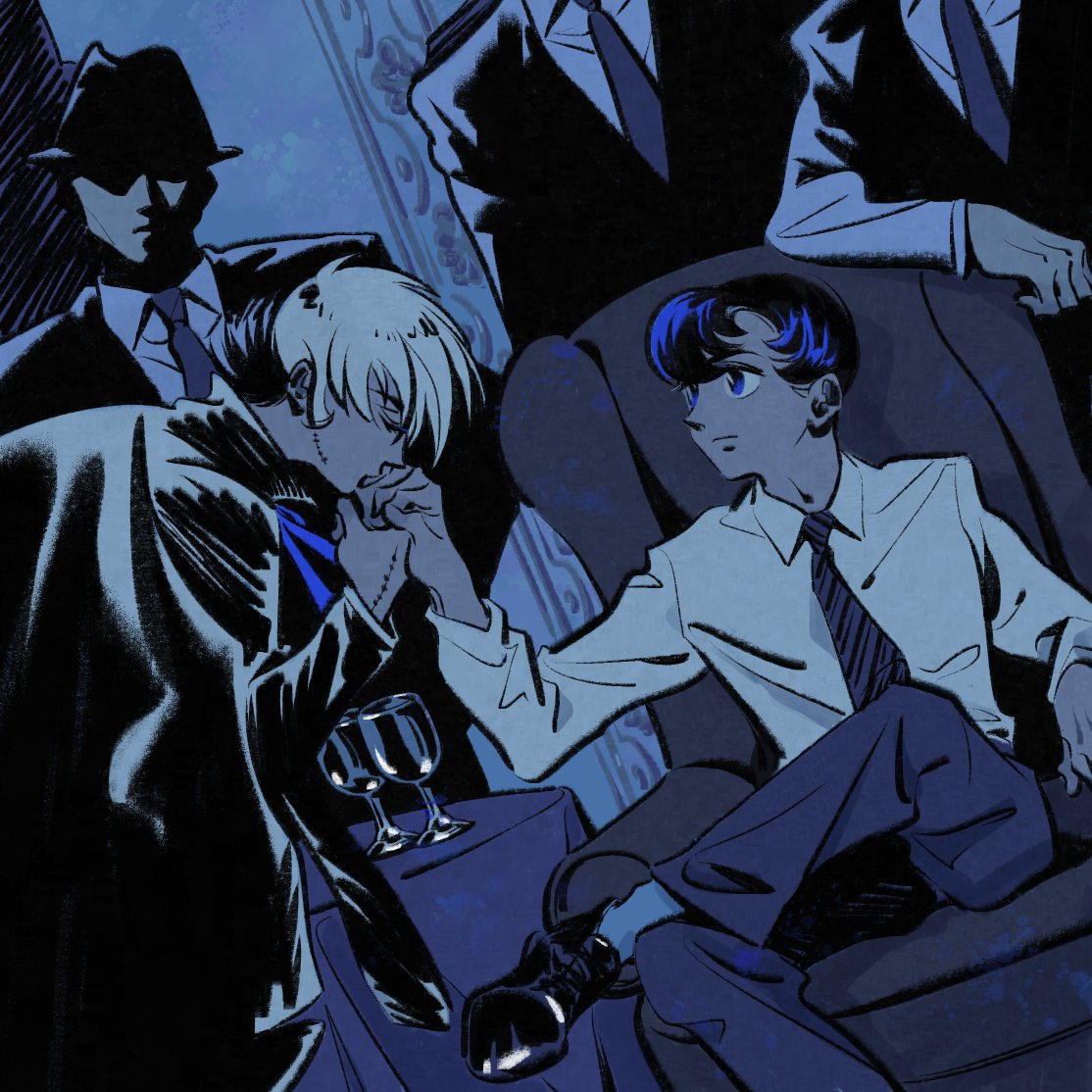 5boys, black_jack_(character), black_jack_(series), blue_theme, chair, closed_eyes, closed_mouth, coat, collared_shirt, crossed_legs, cup, diagonal-striped_clothes, diagonal-striped_necktie, drinking_glass, dutch_angle, fedora, formal, hat, jacket, kiss, kissing_hand, loafers, long_sleeves, looking_at_another, mafia, male_focus, migonado, multicolored_hair, multiple_boys, neck_ribbon, necktie, no_eyes, ribbon, rock_(tezuka_osamu), scar, scar_on_face, scar_on_hand, shaded_face, shirt, shoes, short_hair, split-color_hair, star_system, striped_clothes, striped_necktie, suit, table, tablecloth, u_u, wine_glass, wing_collar