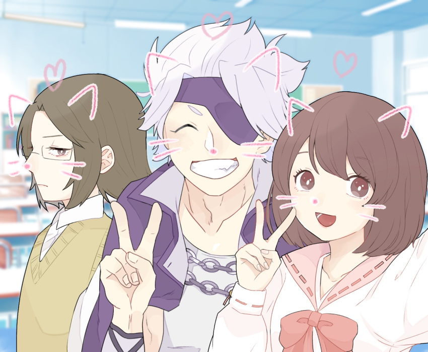 1girl, 2boys, :d, ^_^, brown_eyes, brown_hair, chakai_sakako, chousokabe_motochika_(sengoku_basara)