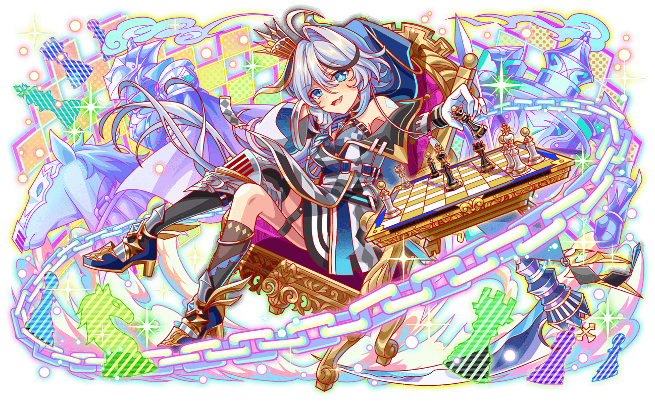 1girl, 2others, ahoge, animal_ears, aqua_eyes, armor, armored_animal, armored_footwear, asymmetrical_legwear, bare_shoulders, black_thighhighs, blue_footwear, blush, board_game, braid, breasts, brown_socks, cel_shading, chain, chair, character_request, chess, chess_piece, crash_fever, crossed_legs, crown, diamond_(shape), fang, full_body, game_cg, hand_on_own_face, head_tilt, helmet, horizontal-striped_skirt, horse_ears, horseback_riding, jewelry, knee_armor, kneehighs, knight, looking_at_viewer, medium_breasts, mismatched_legwear, multicolored_hair, multicolored_socks, multiple_others, multiple_thigh_straps, official_art, on_chair, open_mouth, outline, pawn_(chess), pendant, playing, playing_chess, projected_inset, queen_(chess), red_outline, riding, rook_(chess), saturated, shoulder_armor, single_hair_intake, single_kneehigh, single_sock, single_thighhigh, skin_fang, socks, solo_focus, sparkling_eyes, streaked_hair, tachi-e, thigh-highs, tongue, transparent_background, two-tone_hair, two-tone_skirt, white_hair, white_sleeves