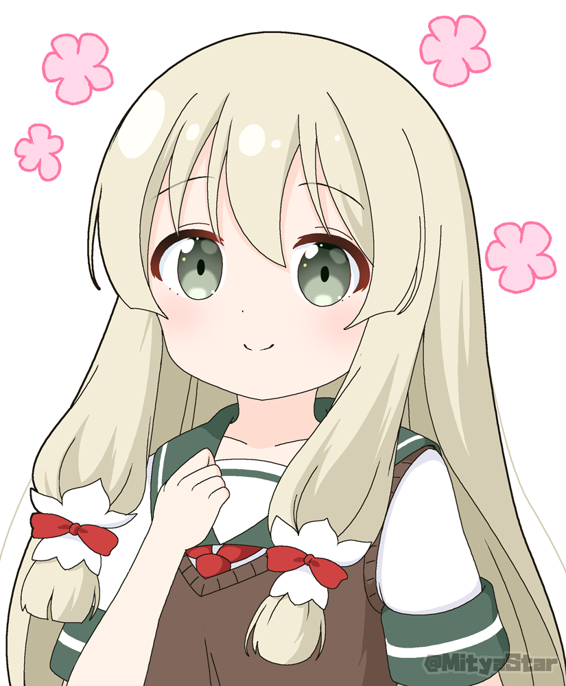 1girl, blush, bow, brown_hair, closed_mouth, commentary_request, floral_background, green_sailor_collar, grey_eyes, hair_bow, hand_up, kokudo_aya, kusunoki_mebuki_wa_yuusha_de_aru, long_hair, mitya, red_bow, sailor_collar, shirt, short_sleeves, simple_background, smile, solo, sweater_vest, twitter_username, upper_body, white_background, white_shirt, yuusha_de_aru