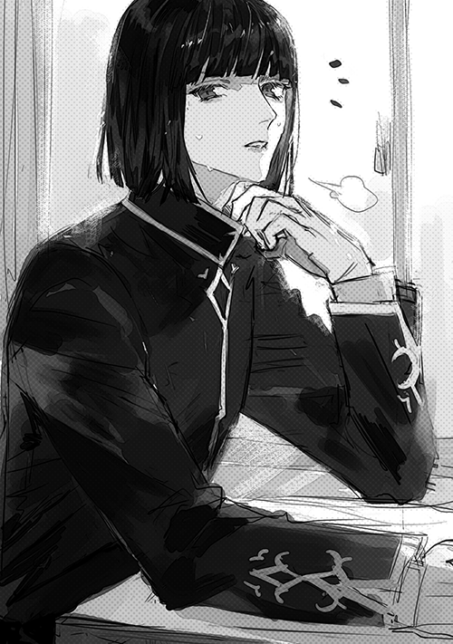 1boy, adjusting_collar, blunt_bangs, desk, gakuen_basara, halftone, looking_at_viewer, male_focus
