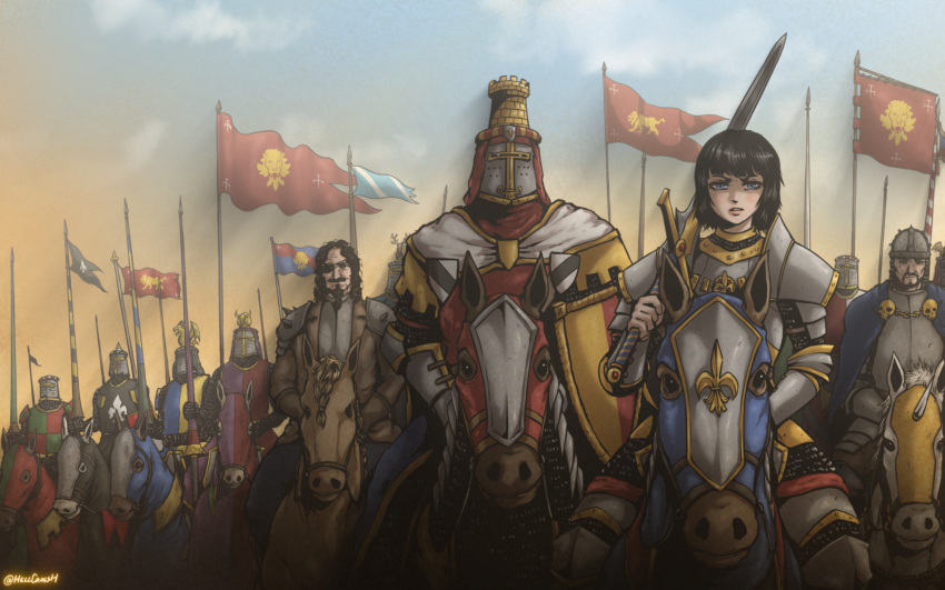 1girl, 6+boys, absurdres, armor, artist_name, black_hair, blue_hair, blue_sky