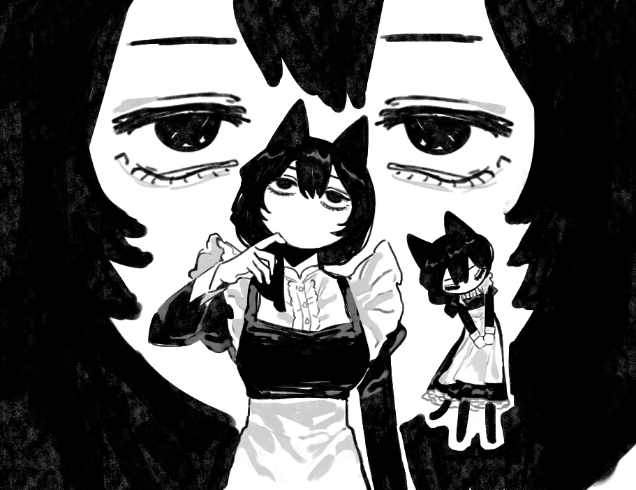 1girl, animal_ears, apron, bags_under_eyes, bowing, cat_ears, cat_girl, cat_tail