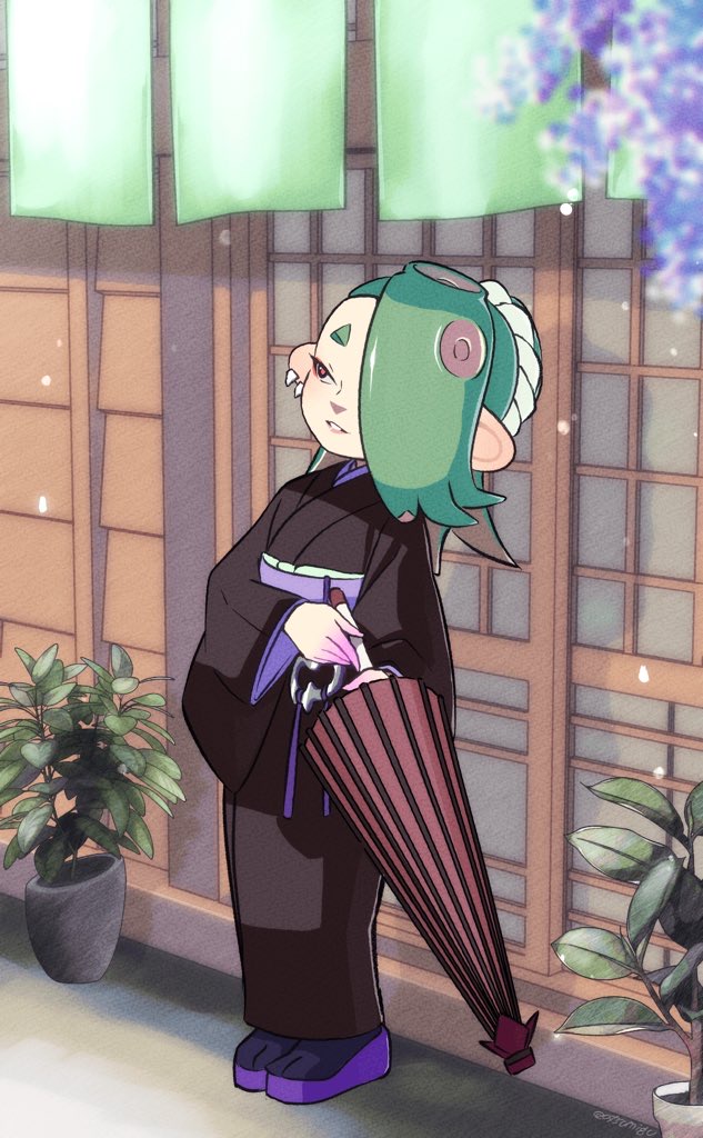 1girl, alternate_costume, black_kimono, black_socks, commentary_request, earrings, flower_pot, green_hair