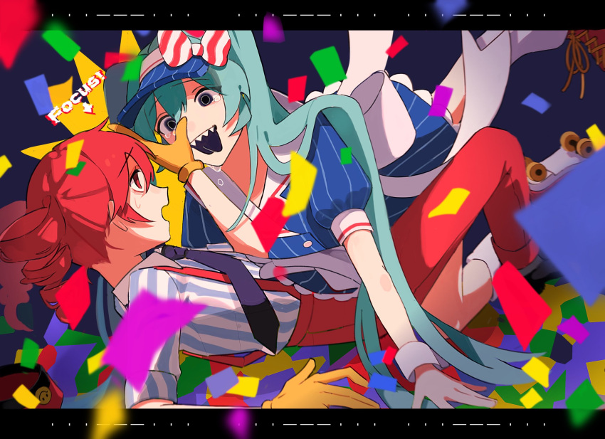 2girls, aqua_hair, arm_behind_back, arrow_(symbol), black_border, black_eyes, black_footwear, black_mouth, black_necktie, black_tongue, blocking, blue_background, blue_dress, blue_hat, blurry, blurry_foreground, border, bow, breasts, commentary, confetti, crazy, crying, crying_with_eyes_open, depth_of_field, diagonal-striped_bow, dress, drill_hair, empty_eyes, english_text, eye_contact, falling, frilled_dress, frills, gloves, hair_between_eyes, hand_on_another's_face, hat, hat_bow, hatsune_miku, highres, kasane_teto, konoha_hakawaii, letterboxed, long_hair, looking_at_another, lunging, mesmerizer_(vocaloid), morse_code, multiple_girls, necktie, open_mouth, outside_border, person_between_thighs, pinstripe_dress, pinstripe_hat, pinstripe_pattern, puffy_short_sleeves, puffy_sleeves, raised_eyebrows, red_bow, red_eyes, red_footwear, red_hat, red_suspenders, ringed_eyes, roller_skates, sharp_teeth, shirt, shoes, short_sleeves, skates, small_breasts, socks, striped_clothes, striped_dress, striped_shirt, sweatdrop, tackle, tearing_up, tears, teeth, tongue, tongue_out, twin_drills, twintails, unworn_hat, unworn_headwear, utau, vertical-striped_clothes, vertical-striped_dress, vertical-striped_shirt, very_long_hair, visor_cap, vocaloid, white_bow, white_socks, worried, yellow_gloves
