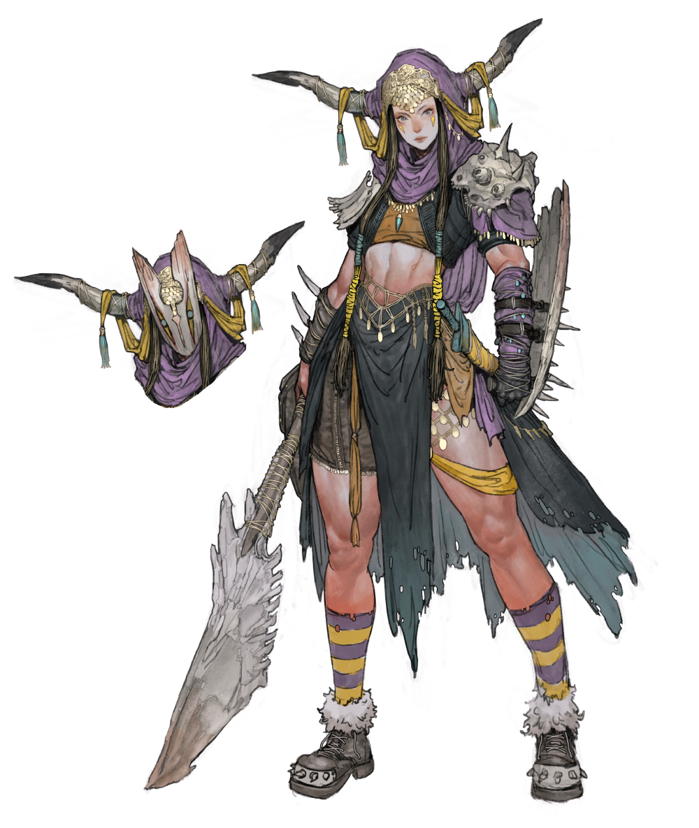 1girl, armor, arms_at_sides, asymmetrical_clothes, axe, black_gloves, blue_eyes, bone_weapon, boots, brown_shorts, clenched_hand, closed_mouth, crop_top, dagger, detached_hood, elbow_gloves, expressionless, facial_mark, fake_horns, flat_chest, full_body, fur_boots, fur_trim, gloves, grey_footwear, hair_over_shoulder, headpiece, holding, holding_axe, holding_polearm, holding_weapon, hood, hood_up, horn_ornament, horns, inset, jewelry, knees, knife, legs_apart, linea_alba, lips, long_hair, long_horns, looking_at_viewer, low-tied_long_hair, mask, midriff, original, pelvic_curtain, pendant, photoshop_(medium), polearm, purple_hood, purple_socks, sheath, sheathed, shield, shoelaces, short_sleeves, shorts, shoulder_armor, sidelocks, simple_background, single_elbow_glove, socks, solo, spiked_boots, spikes, standing, striped_clothes, striped_socks, tahra, tassel, toned, torn_clothes, torn_socks, vambraces, waist_cape, weapon, white_background, yellow_socks