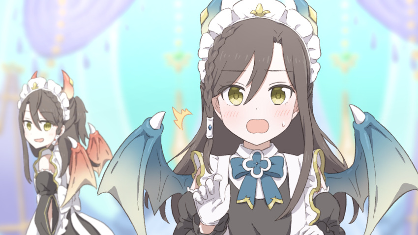 2girls, dragon_horns, dragon_wings, fujiyama_(yellow), gloves, horns, lind_(princess_connect!), maid