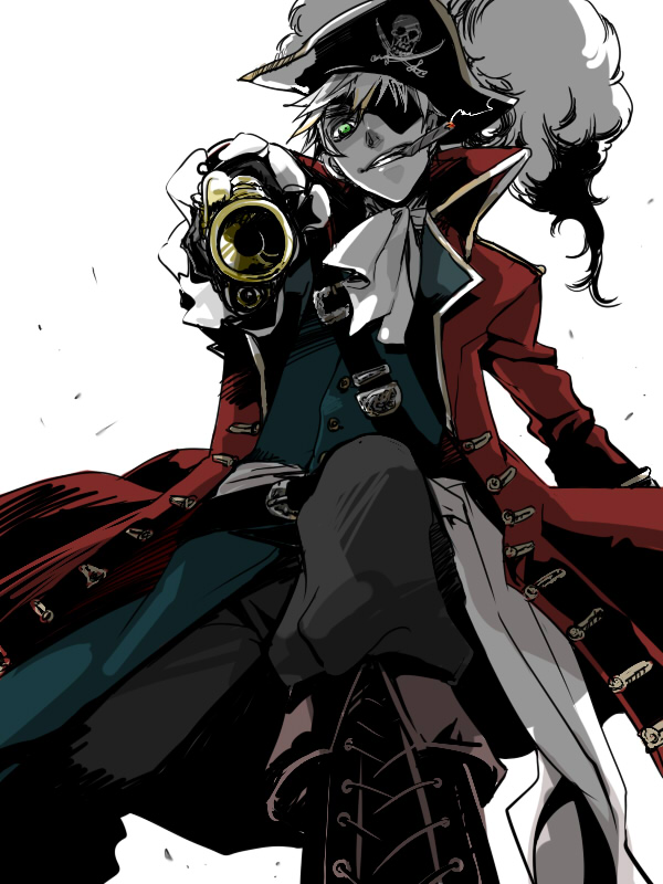 alternate_costume, axis_powers_hetalia, belt, bicorne, blonde_hair, boots, cigar, cravat, crazy, cross-laced_footwear, eyepatch, foreshortening, from_below, green_eyes, grin, gun, hat, hat_feather, head_tilt, looking_at_viewer, male, pale_skin, pants, pirate, pov, sash, smile, solo, teeth, united_kingdom_(hetalia), weapon, white_background, zuwai_kani