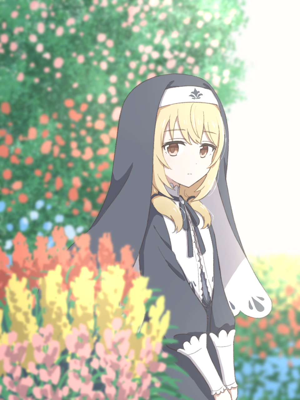 1girl, clear_(princess_connect!), clear_(real)_(princess_connect!), flower, fujiyama_(yellow), highres, nun, princess_connect!