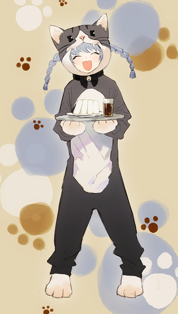 1girl, :d, ^_^, animal_costume, bell, black_collar, blue_hair, bow