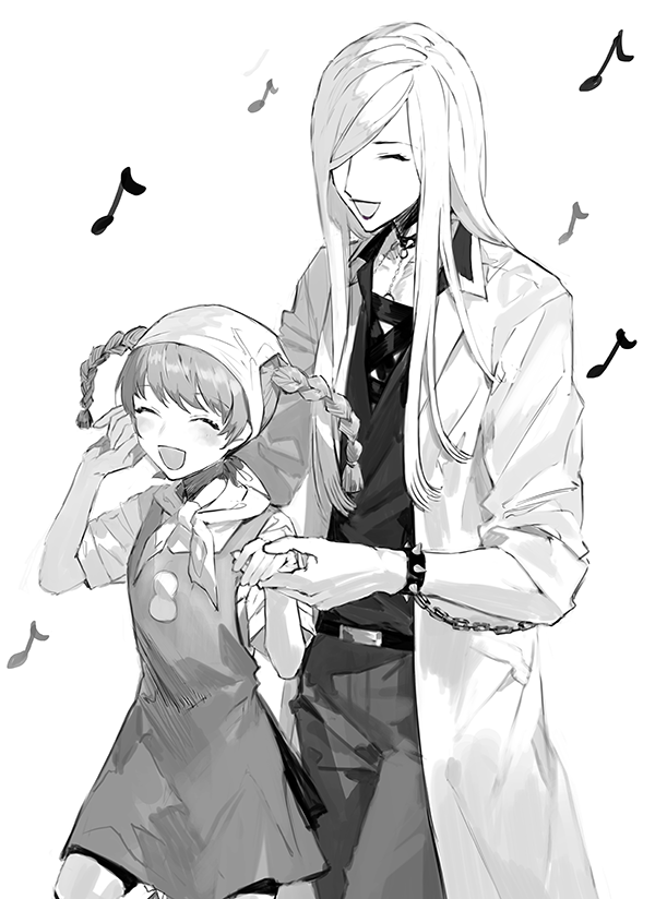 1boy, 1girl, :d, ^_^, akechi_mitsuhide_(sengoku_basara), apron, bandana, belt