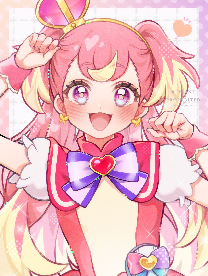 1girl, blonde_hair, bow, bowtie, brooch, crown, cure_wonderful, dress, earrings, english_commentary, heart, heart_brooch, highres, inukai_komugi, jewelry, looking_at_viewer, magical_girl, mini_crown, multicolored_hair, notice_lines, open_mouth, paw_pose, pink_crown_(object), pink_hair, pouch, precure, puffy_short_sleeves, puffy_sleeves, purple_bow, purple_bowtie, red_dress, shikamori_kodama, short_sleeves, smile, solo, two-tone_hair, two_side_up, violet_eyes, wonderful_precure!, wrist_cuffs