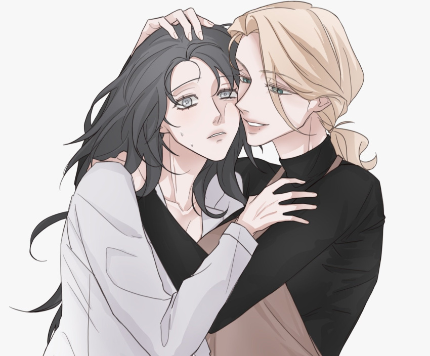 2girls, black_hair, black_shirt, blonde_hair, cheek-to-cheek, chief_(path_to_nowhere), commentary_request, female_chief_(path_to_nowhere), green_eyes, grey_eyes, hand_on_another's_shoulder, heads_together, highres, holding_own_arm, korean_commentary, langley_(path_to_nowhere), long_hair, long_sleeves, multiple_girls, parted_lips, path_to_nowhere, ponytail, shirt, simple_background, smile, sweat, turtleneck, turtleneck_shirt, upper_body, white_background, white_shirt, widow_luv, yuri