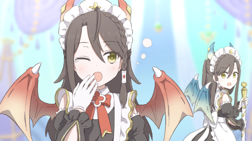 2girls, dragon_horns, dragon_wings, fujiyama_(yellow), gloves, horns, lind_(princess_connect!), maid