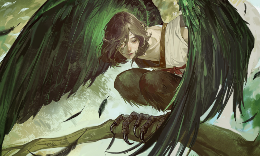 1boy, absurdres, animal_feet, bird_legs, bird_wings, bishounen, branch, brown_eyes, brown_hair, claws, closed_mouth, falling_feathers, feathered_wings, feathers, full_body, getian_(reverse:1999), green_background, green_wings, harpy_boy, highres, in_tree, looking_to_the_side, male_focus, medium_hair, monster_boy, outdoors, reverse:1999, solo, squatting, talons, tree, vats9_9, white_hanfu, wind, winged_arms, wings