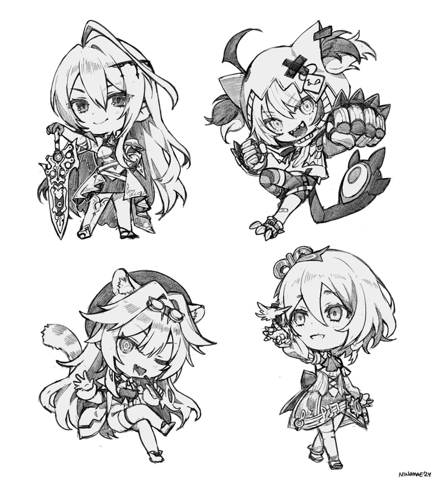 4girls, :d, ahoge, animal_hood, ascot, back_bow, bandaid, bandaid_on_knee