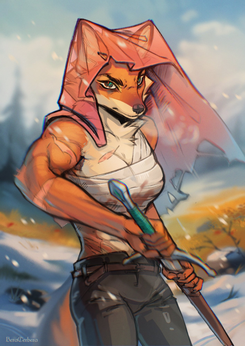1girl, abs, animal_ears, belt, beracerbera, fingernails, forest, fox_ears