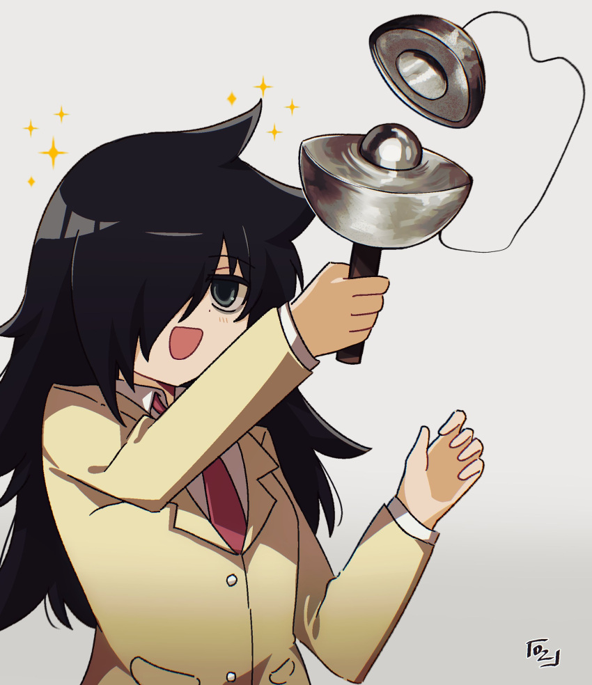 1girl, :d, black_hair, demon_core, green_eyes, hair_over_one_eye, highres, kendama, kuroki_tomoko, messy_hair, necktie, oz_sumire, parody, school_uniform, simple_background, smile, sparkle, toy, watashi_ga_motenai_no_wa_dou_kangaetemo_omaera_ga_warui!, white_background